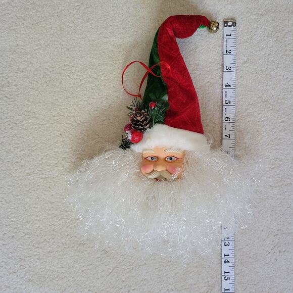 Vintage Lg Santa Face Ornament Velvet Cap Jingle Bell Greenery Door Wall Tree - Picture 12 of 13